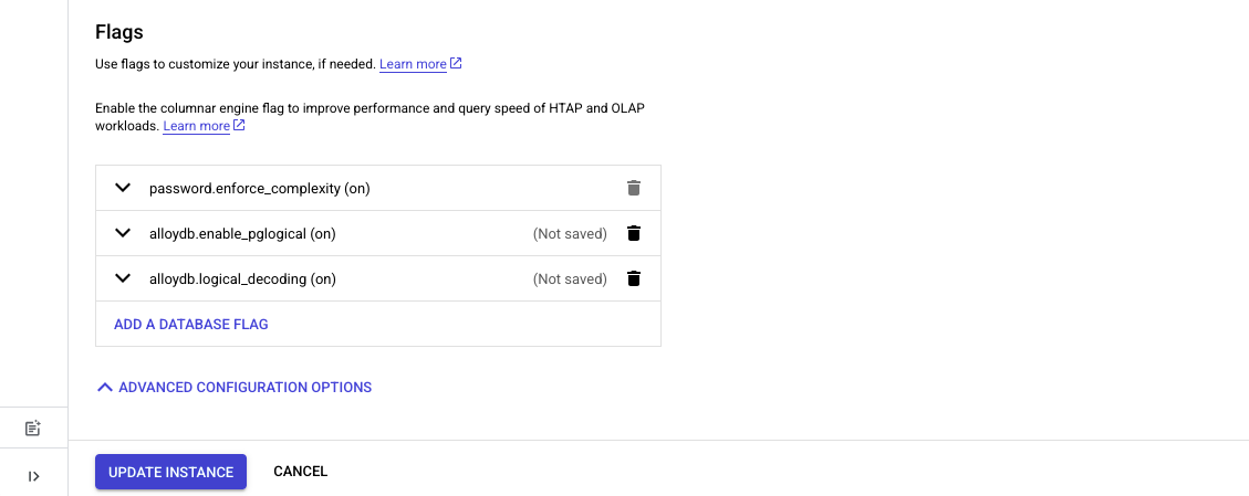 allowdb.enable_pglogical 및 alloydb.logical_decoding 플래그를 on으로 설정