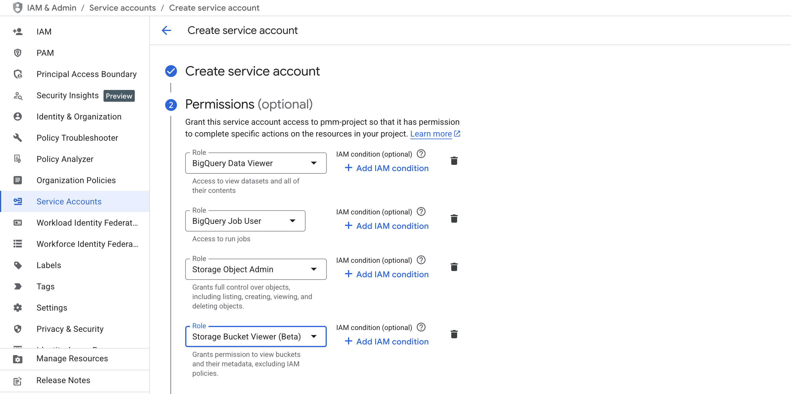 BigQuery 및 Cloud Storage 권한이 있는 서�비스 계정 키 생성