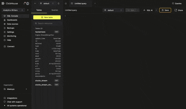 사용자가 입력하는 동안 AI Copilot이 SQL 자동 완성 제안을 제공하는 모습을 보여주는 애니메이션